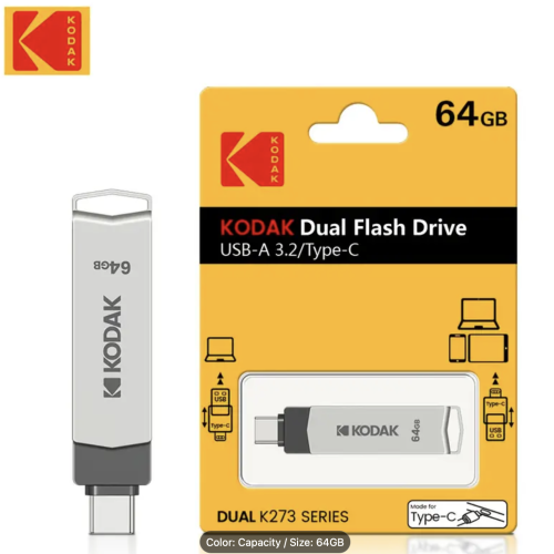 Kodak K273 2 in 1 Metal USB Flash Drives 64GB USB3.2 Pendrive Type C High Speed Dual Memory stick Pen Drive