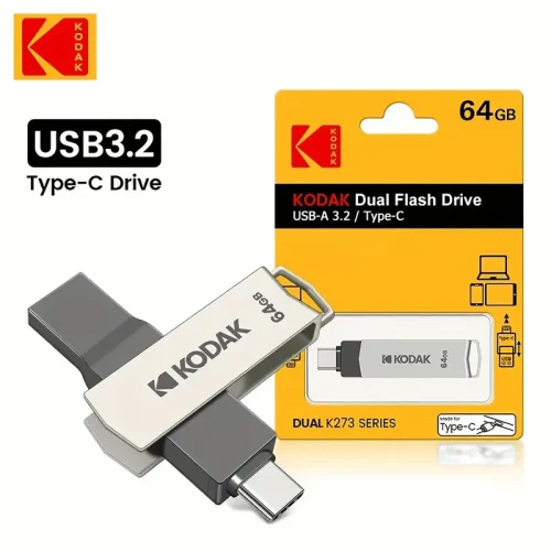 Kodak K273 Double Nip USB Flash Drives, High Speed U Disk, USB 3.2 64GB Metal OTG Stick, 100% Original
